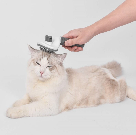 Perie animale pentru curatarea si ingrijirea parului, cu buton auto-curatare, pisici, caini, iepuri, gri