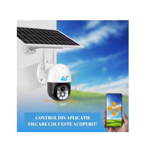 Camera de Supraveghere, AT PERFORMANCE ®, cu Incarcare Solara 4G- SIM, 3 MP, FullHD, Rotire din Aplicatie, 6 acumulatori inclusi, alarma miscare, Interior si Exterior Rezistenta la apa, Alba