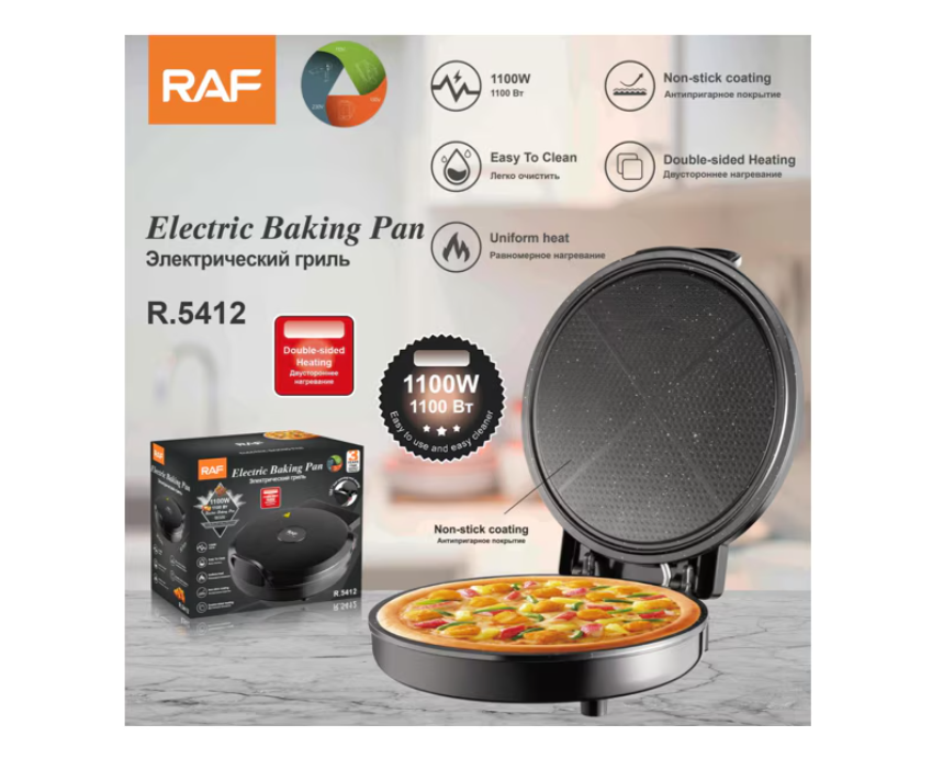 Aparat pentru preparat pizza RAF R5412, 1100 W, diametru 30 cm, prajeste legume, carne, termostat reglabil, negru