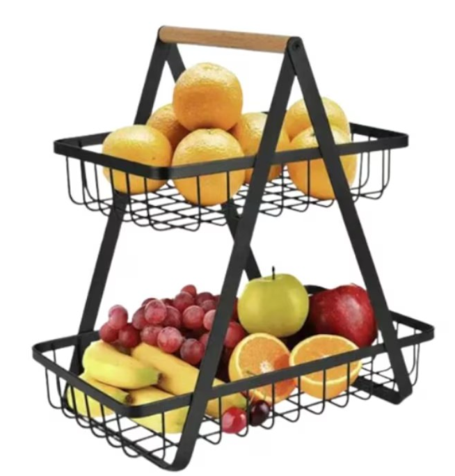 Cos de fructe, decorativ, Metal, 2 etaje, Negru