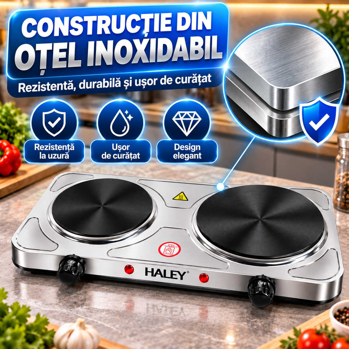 Plita Electrica HALEY HY-1893, 2 Zone de Gatit, Putere 1500W + 1000W, Design Elegant din Otel Inoxidabil