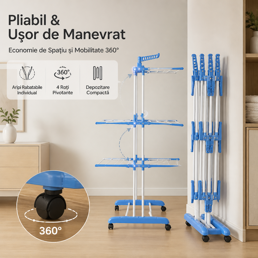 Uscător de Rufe Vertical Pliabil cu 3 Niveluri Mai Mult Spațiu pentru Haine Dimensiuni 168 × 73–126 × 63 cm