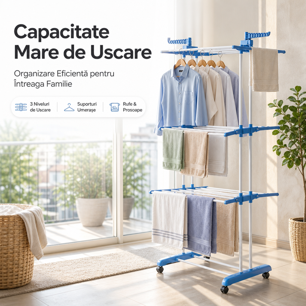 Uscător de Rufe Vertical Pliabil cu 3 Niveluri Mai Mult Spațiu pentru Haine Dimensiuni 168 × 73–126 × 63 cm