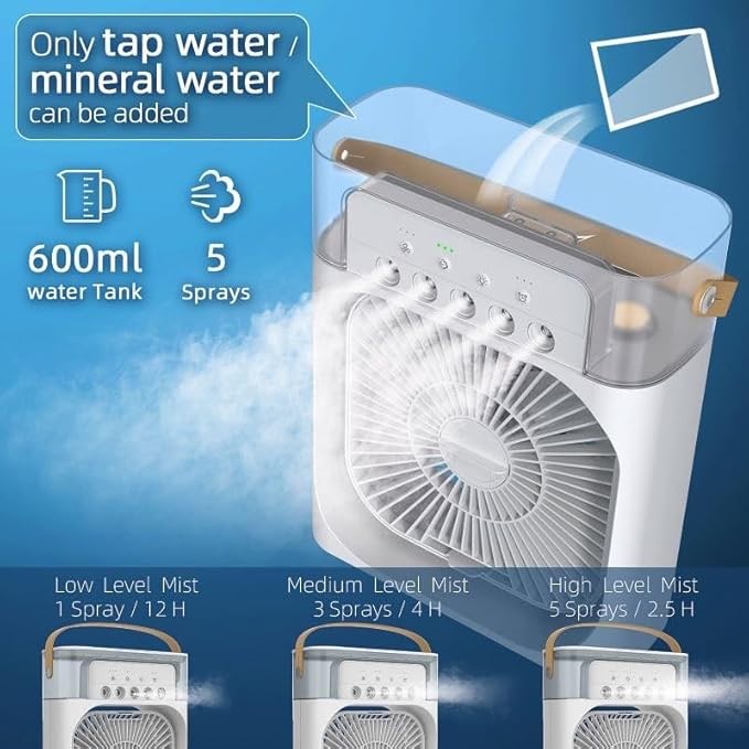 Mini Răcitor de Aer Portabil AT PERFORMANCE® – Ventilator Personal 4 în 1 cu Umidificator, LED 7 Culori, Timer și 3 Viteze, Alimentare USB