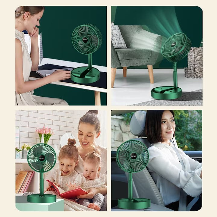 Ventilator portabil telescopic cu 3 viteze AT PERFORMANCE®, USB, silențios, montabil pe perete sau masă – Verde, reglabil 180°, compact pentru birou, camping și călătorii