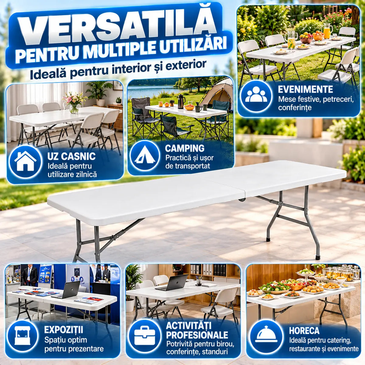 Masa plianta dreptunghiulara politilena, AT PERFORMANCE®, sigurante speciale, cadru din otel, maner transport, sustine 100 kg, 180 x 72 x 70 cm