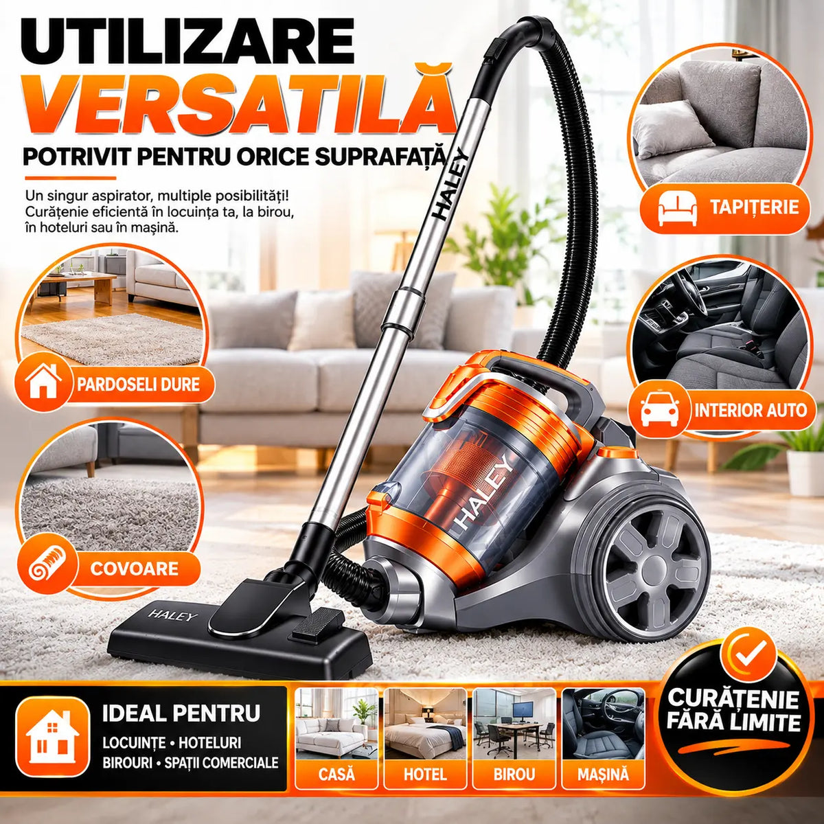 Aspirator portabil HALEY, cu aspirație mare, 4 litri, 3000W, cu saci, Portocaliu/Gri