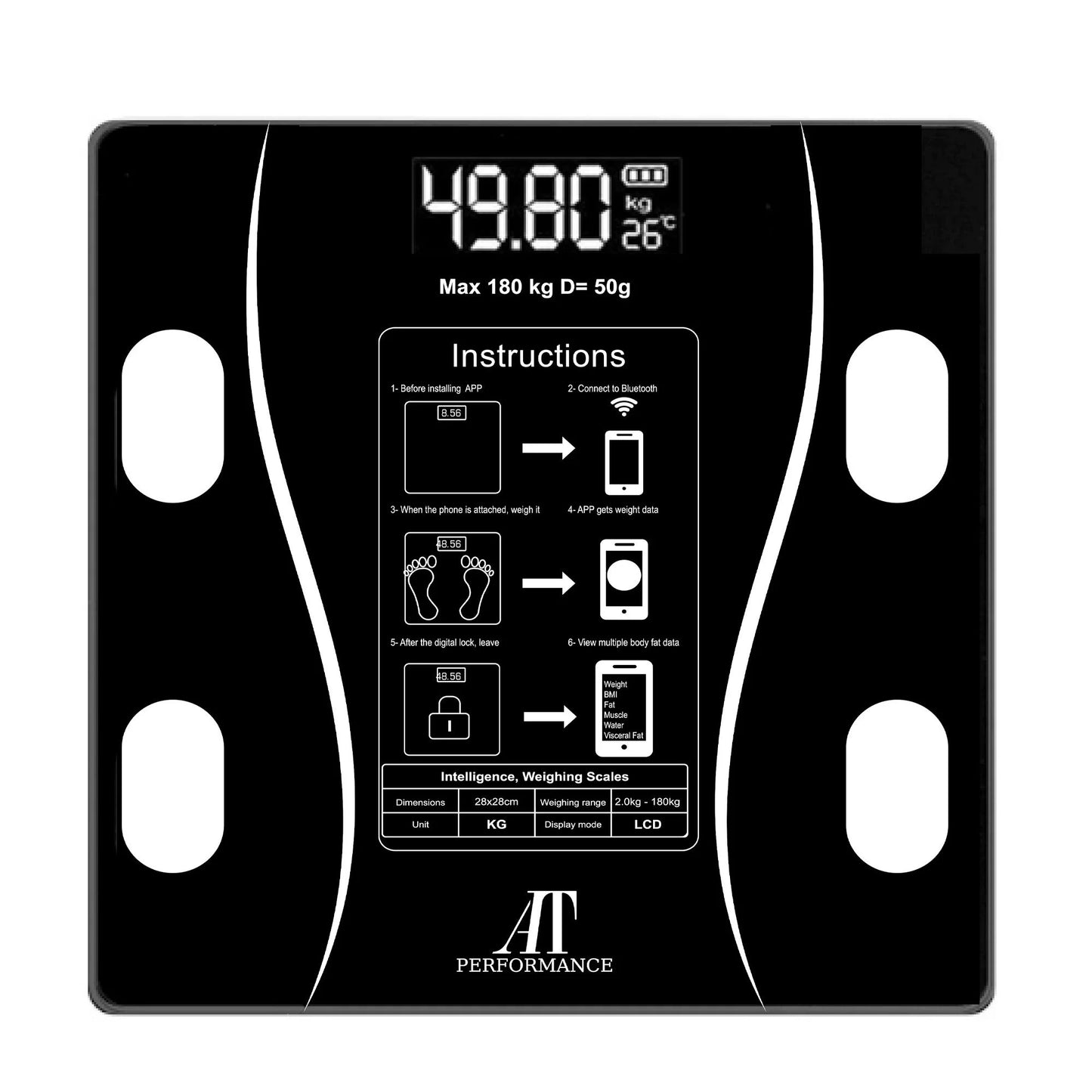Cantar personal analitic, AT PERFORMANCE®, cu un afisaj digital usor de citit, Negru.
