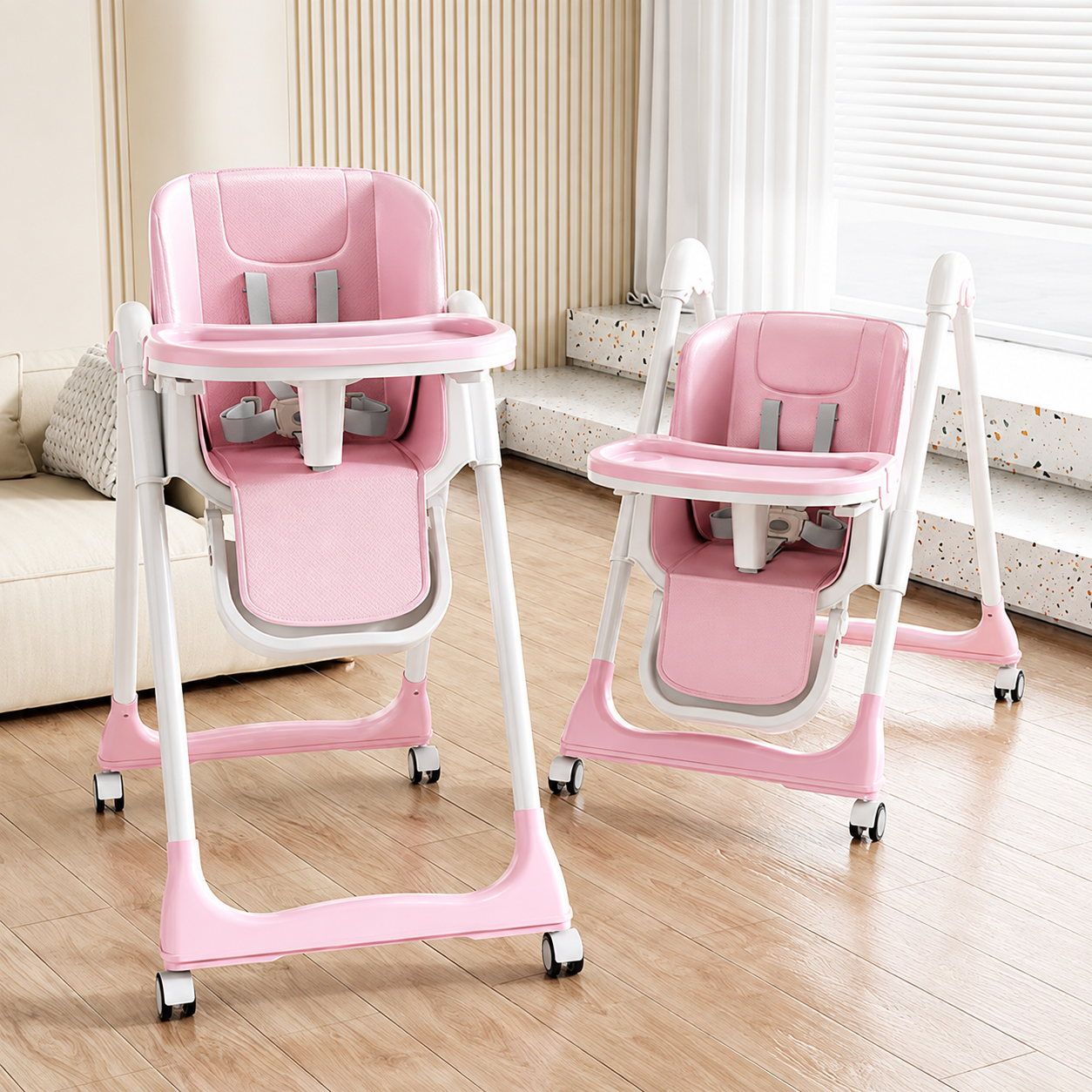 Scaun de Masă pentru Bebe AT PERFORMANCE, Pliabil, Reglabil pe Înălțime 5 Poziții, Tavă Detașabilă, 4 Roți, Suport Picioare, Max. 15 kg