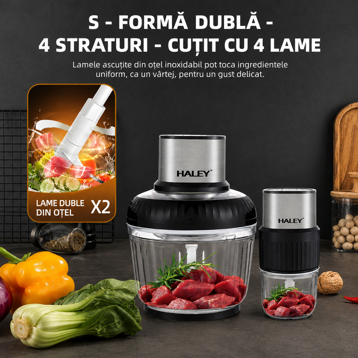 Tocător Electric Haley HY-1249, 500W, 2 Recipiente 2.5L + 0.5L, 3 Viteze, 4 + 6 Lame, Sticlă Borosilicată