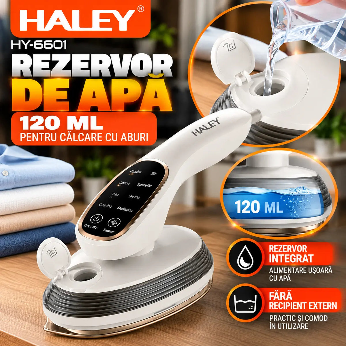 Aparat de Călcat Vertical și Orizontal cu Aburi HALEY® HY-6601, 2000W, Cap Rotativ la 90°, Panou de Control Tactil, Încălzire Rapidă în 20 Secunde, 3 Niveluri de Abur, Rezervor 120 ml, Funcție de Călcare Uscată