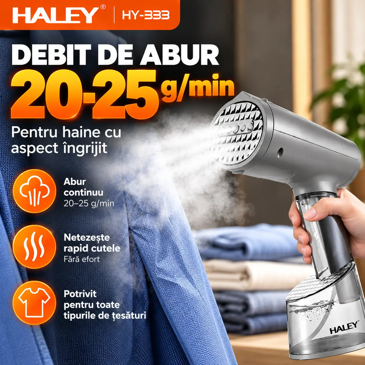 Aparat de Călcat Vertical și Orizontal cu Aburi HALEY HY-333, 1500W, Încălzire Rapidă în 20 Secunde, Debit Abur 20–25 g/min, 2 Rezervoare de Apă 70/300 ml, Protecție la Supraîncălzire, Perie Inclusă