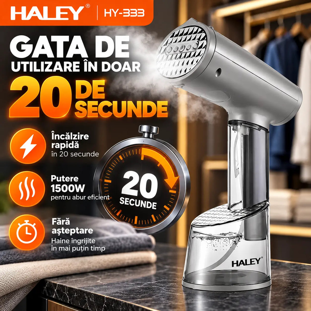 Aparat de Călcat Vertical și Orizontal cu Aburi HALEY HY-333, 1500W, Încălzire Rapidă în 20 Secunde, Debit Abur 20–25 g/min, 2 Rezervoare de Apă 70/300 ml, Protecție la Supraîncălzire, Perie Inclusă