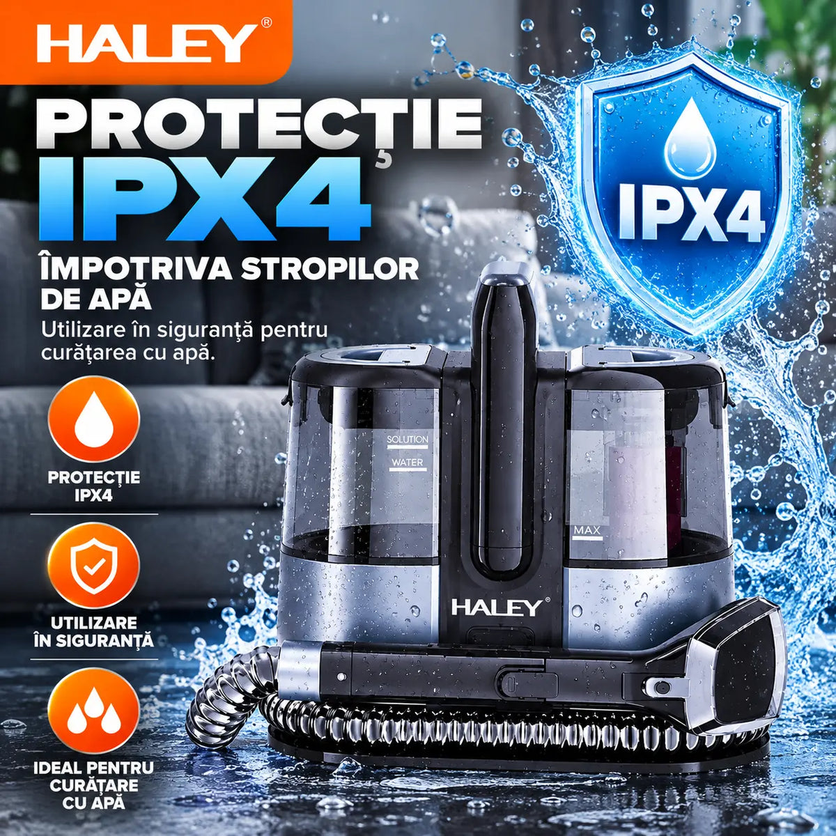 Aspirator cu Spălare HALEY HY-3923 AB, 3500W, Curățare Tapițerie, Canapele, Saltele și Covoare, Rezervor Apă Curată 1350 ml, Rezervor Apă Murdară 800 ml, Rază de Lucru 4 m, IPX4
