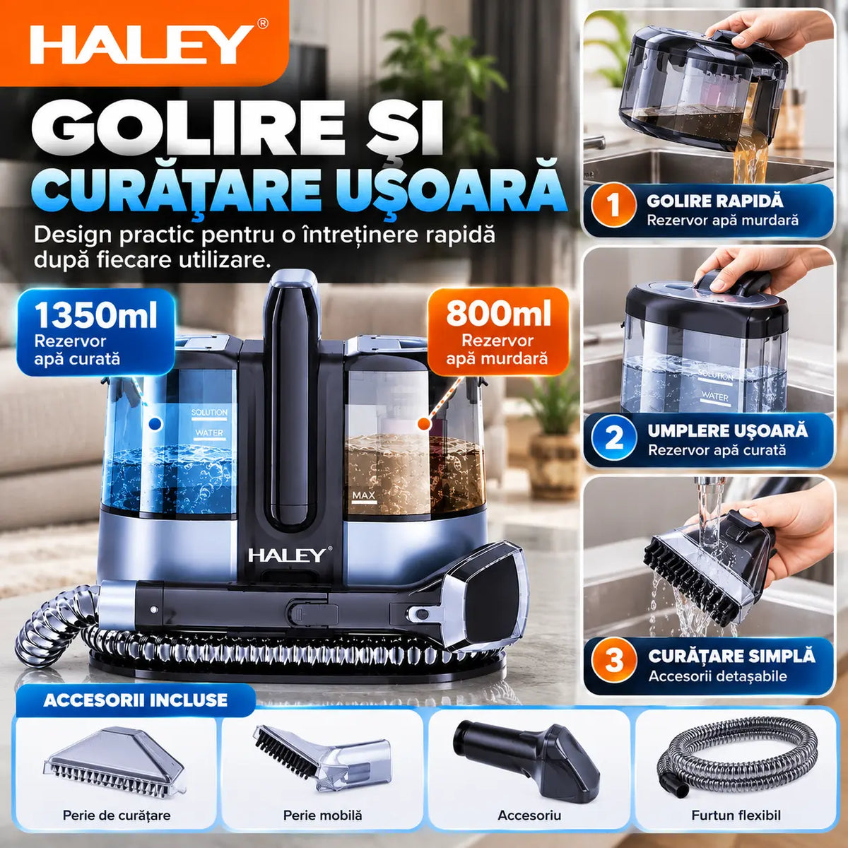 Aspirator cu Spălare HALEY HY-3923 AB, 3500W, Curățare Tapițerie, Canapele, Saltele și Covoare, Rezervor Apă Curată 1350 ml, Rezervor Apă Murdară 800 ml, Rază de Lucru 4 m, IPX4