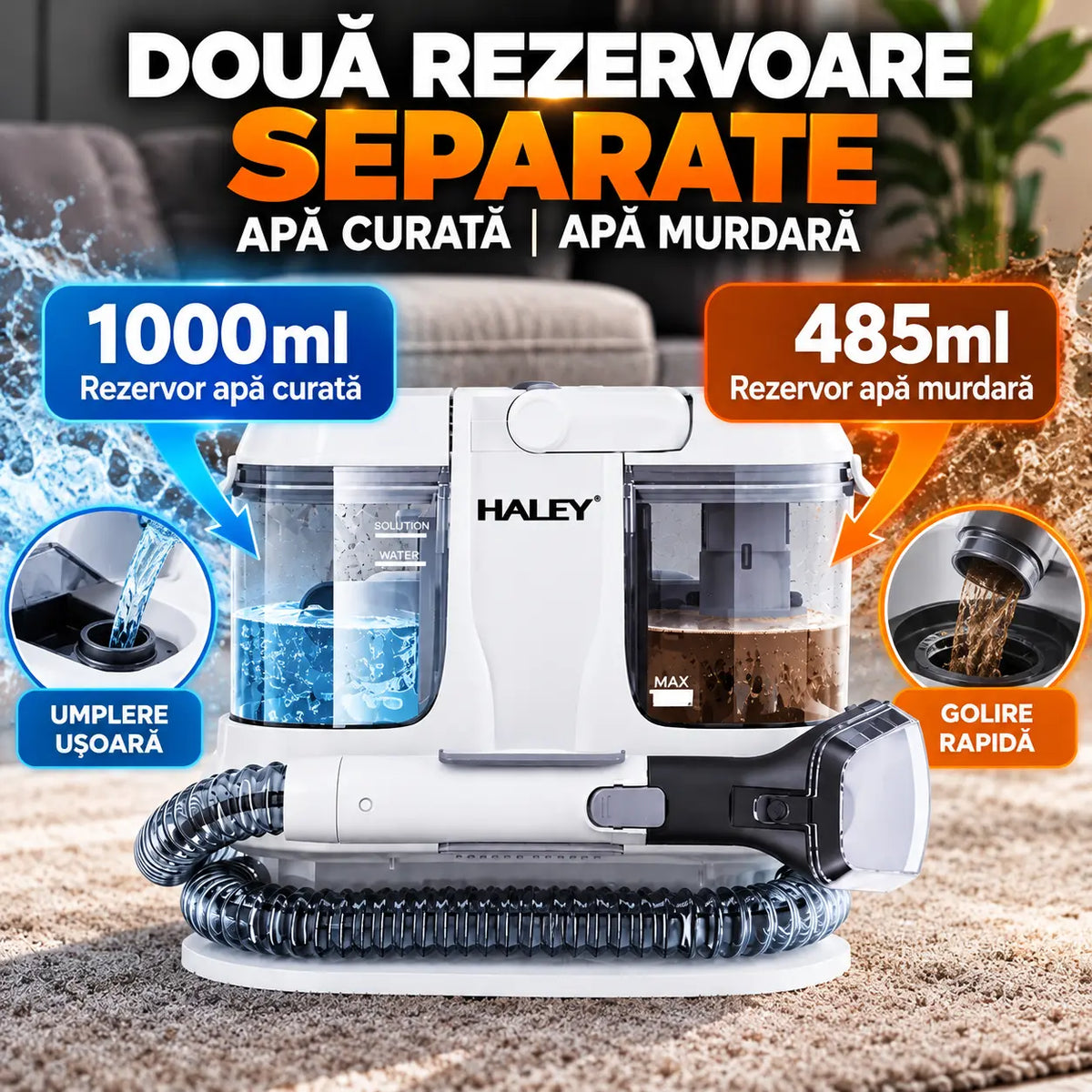 Aspirator cu Spălare pentru Tapițerie, Canapele, Covoare și Saltele HALEY® HY-3923 CD, 3500W, Rezervor Apă Curată 1000 ml, Apă Murdară 485 ml, Furtun 4 m, Curățare Pete, IPX4