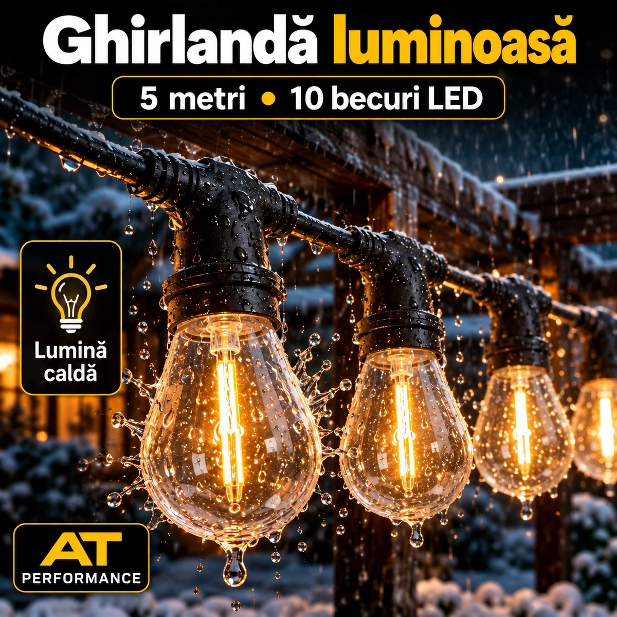 Ghirlandă AT PERFORMANCE AT-2131 – banner corectat: 5 metri, 10 becuri LED, lumină caldă