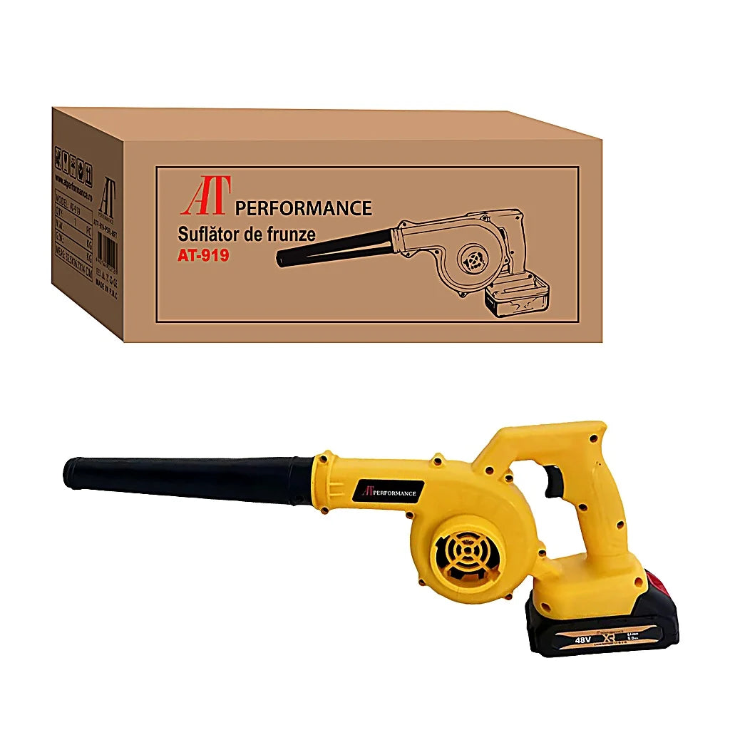 Suflantă și Aspirator fără fir 2 în 1 AT PERFORMANCE® AT-919, 48V, 880W, 18.000 RPM, cu 2 Acumulatori, pentru Frunze, Praf și Zăpadă Ușoară