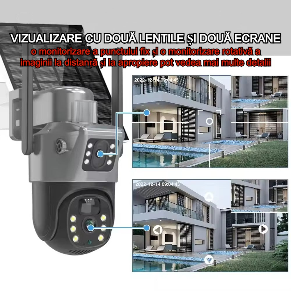Cameră Supraveghere SIM cu 2 Camere 5MP AT PERFORMANCE® – Exterior, Zoom 8X, Panou Solar, IP66, Negru