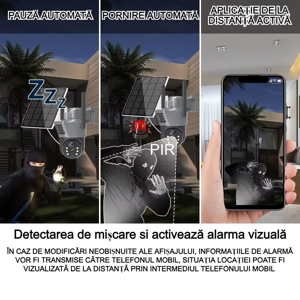 Cameră Supraveghere SIM cu 2 Camere 5MP AT PERFORMANCE® – Exterior, Zoom 8X, Panou Solar, IP66, Negru