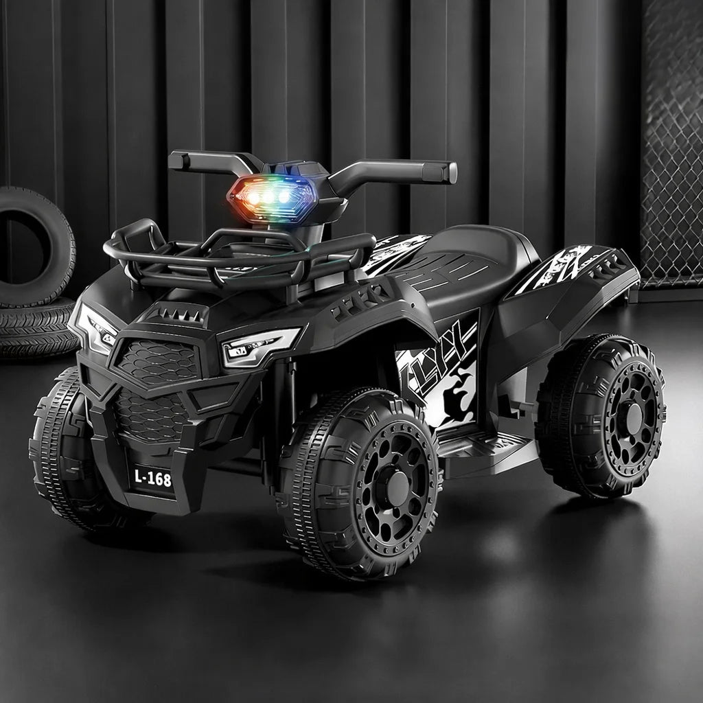 ATV electric KIDOO® L-168 negru cu farul aprins, pe fundal închis