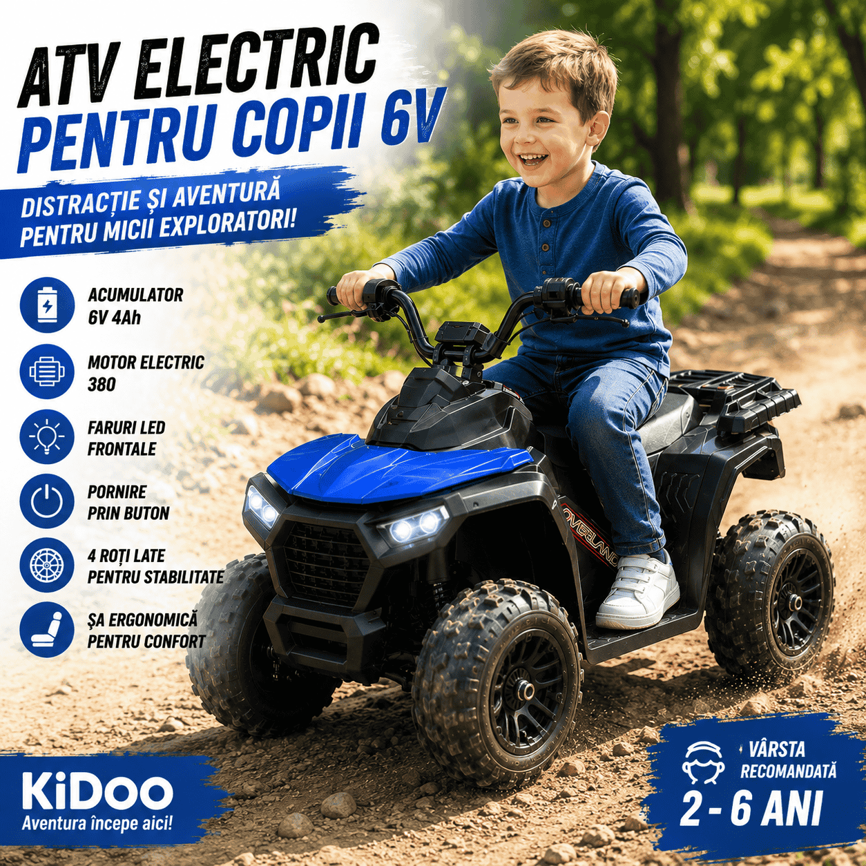 ATV Electric KIDOO pentru Copii 6V, Motor 380, Faruri LED, Pornire cu Buton, Design Off-Road, Albastru
