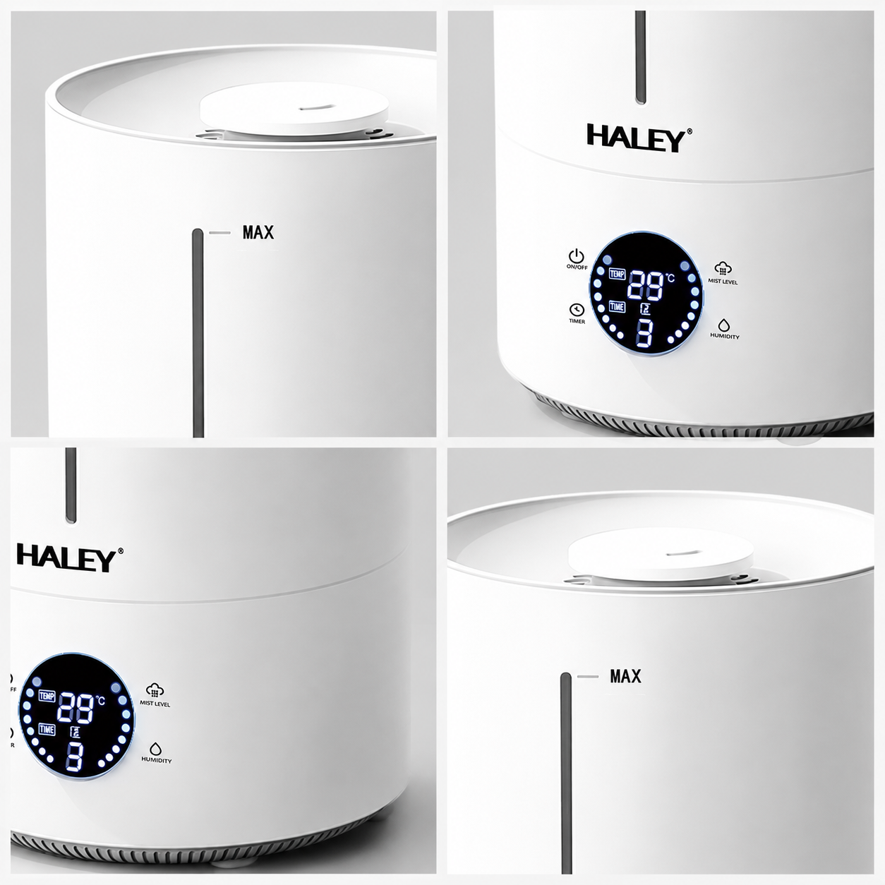 Umidificator de Aer HALEY HY-3101, Rezervor 5L, Umidificare 360°, Intensitate Reglabilă, Umplere de Sus, Panou Digital, 1000W, Alb