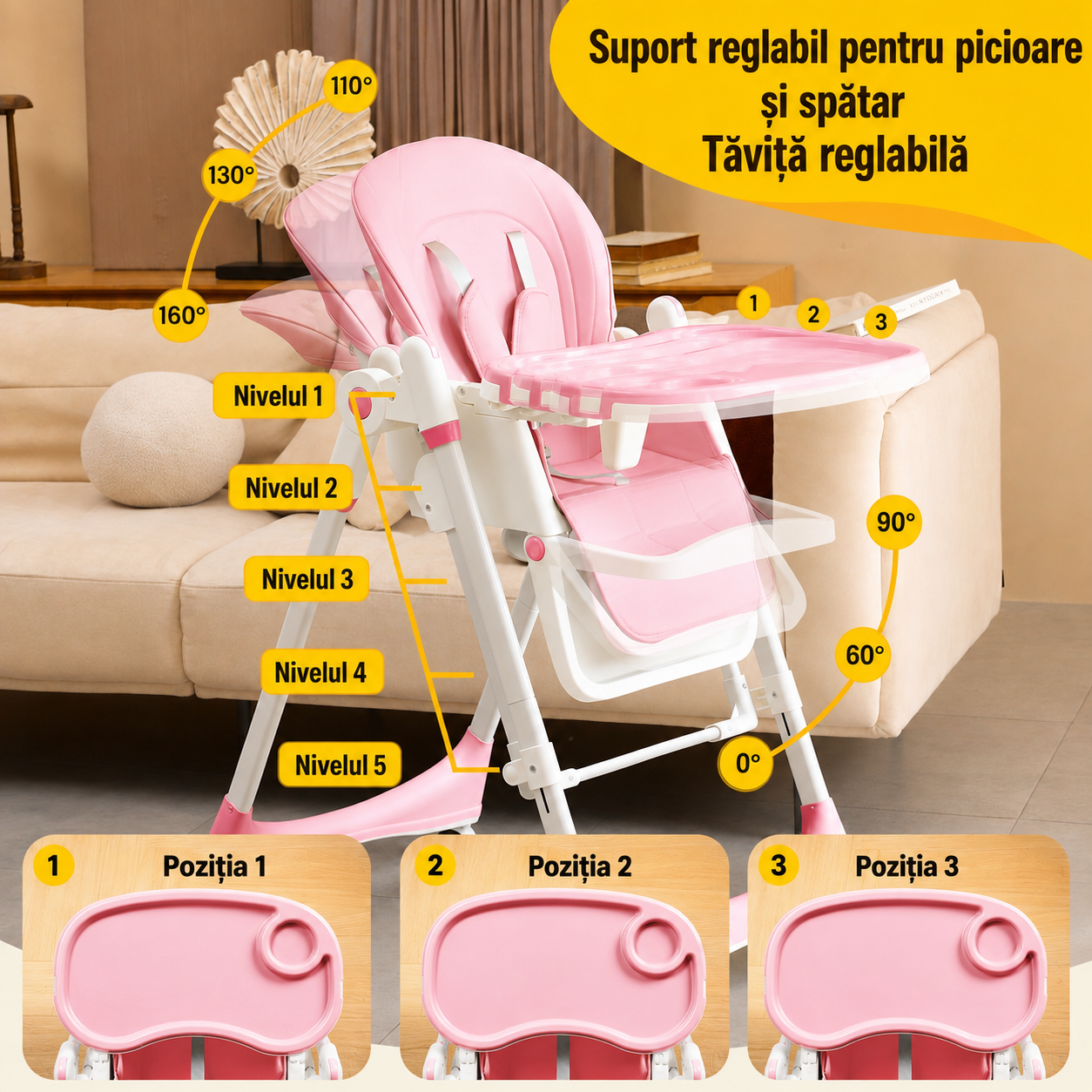 Scaun de Masă pentru Bebe AT PERFORMANCE, Pliabil, Reglabil pe Înălțime 5 Poziții, Tavă Detașabilă, 4 Roți, Suport Picioare, Max. 15 kg