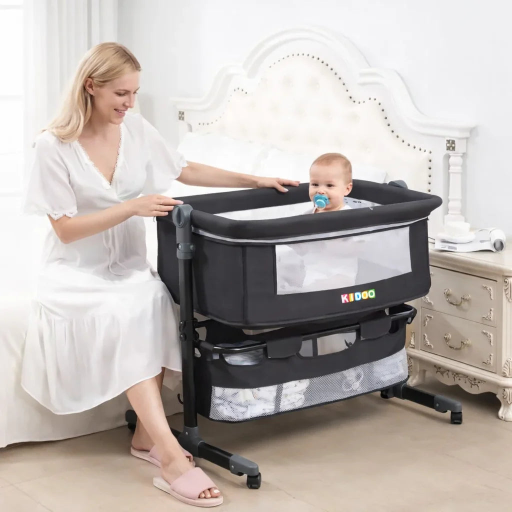 Pătuț Reglabil și Portabil 6 în 1 KIDOO® pentru Bebe – Saltea, Plasă Anti-Țânțari și Coș de Depozitare