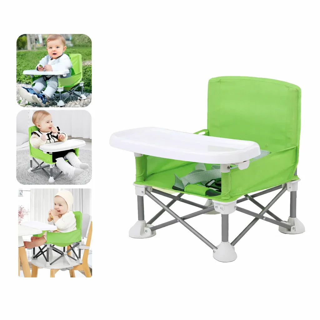 Scaun bebe, pliabil, compact, portabil, usor de depozitat, cu tava detasabila, pentru masa si joaca, cu spatiu de depozitare, ham de siguranta in 5 puncte