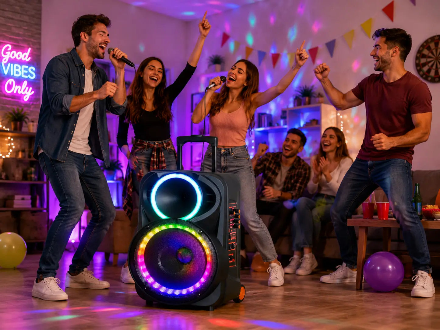 Boxă Portabilă Karaoke 12" KOLAV F1230, 120W PMPO, Acumulator Reîncărcabil, 2 Microfoane Wireless, Bluetooth, RGB LED, TWS, USB/TF, FM Radio, Telecomandă