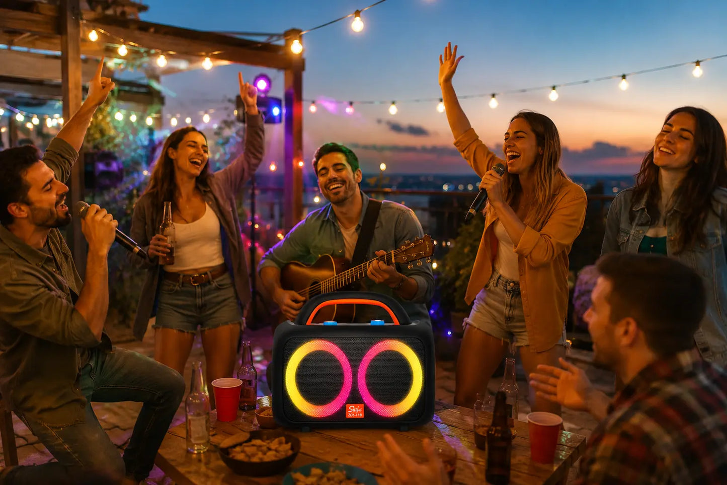 Boxă Portabilă Bluetooth Sing-e ZQS-L19, Karaoke, 1400W, 2 Microfoane Wireless Incluse, RGB LED, USB, TF Card, FM Radio, TWS, Acumulator Reîncărcabil, Negru