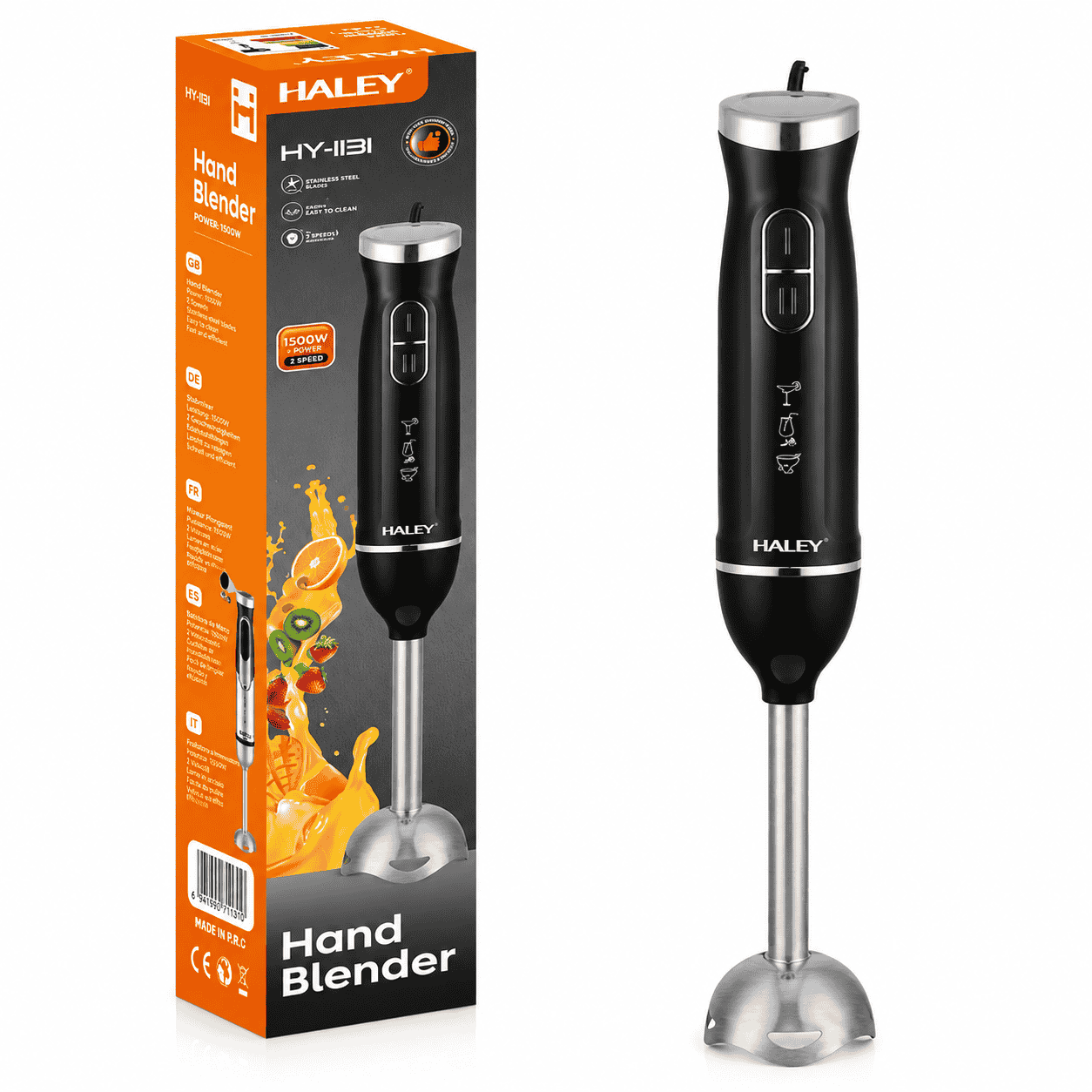 Blender Vertical De Mână Haley HY-1131, 1500W, 2 Viteze, Funcție Pulse, Lame Și Tijă Din Oțel Inoxidabil