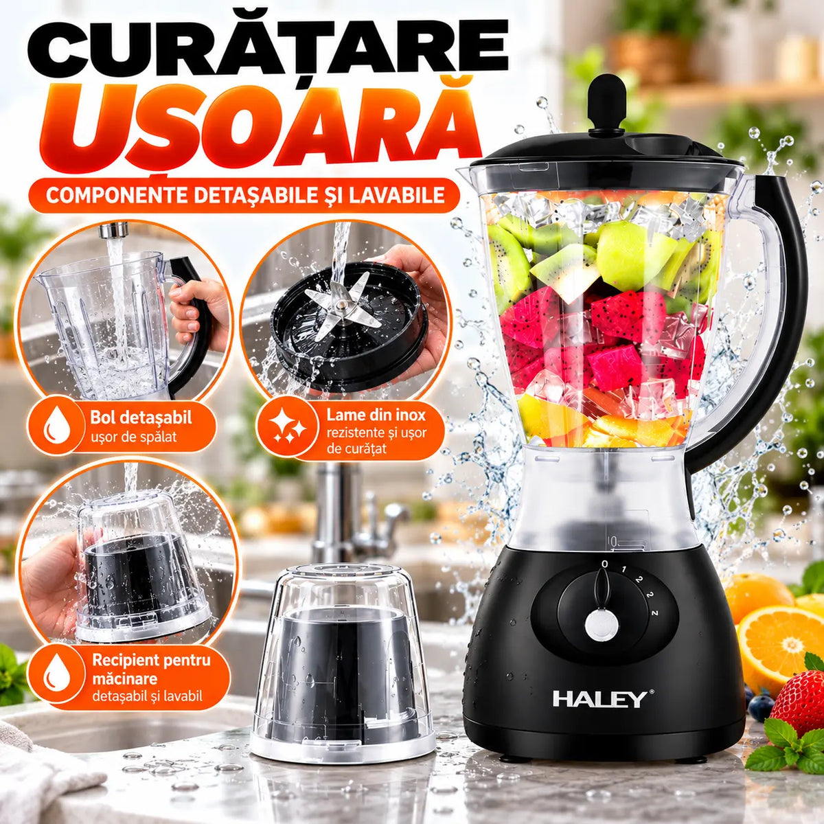 Blender Profesional HALEY 2 în 1, 500W, Motor din Cupru, 1.5L, 4 Viteze, Cu Recipient Separat pentru Măcinat