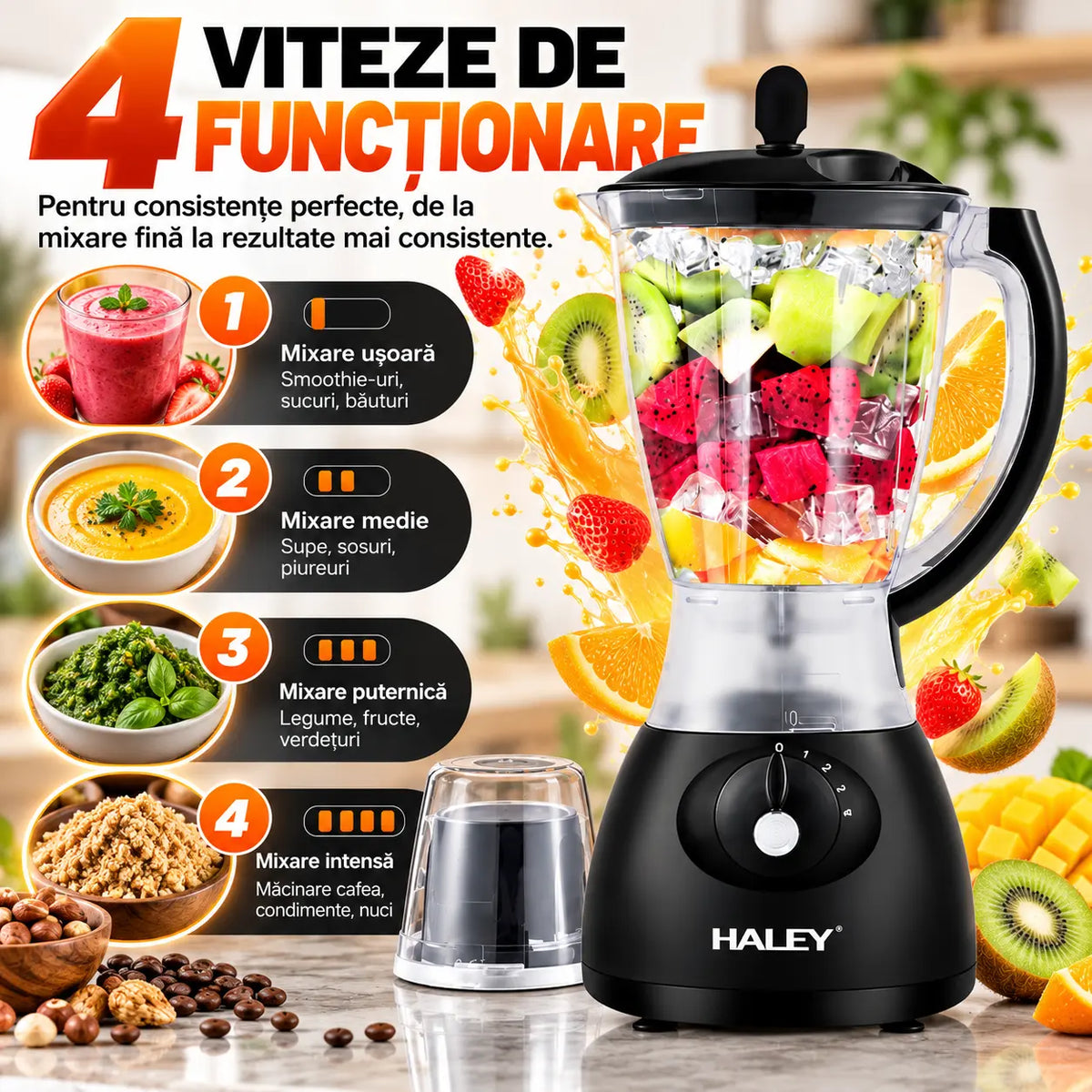 Blender Profesional HALEY 2 în 1, 500W, Motor din Cupru, 1.5L, 4 Viteze, Cu Recipient Separat pentru Măcinat