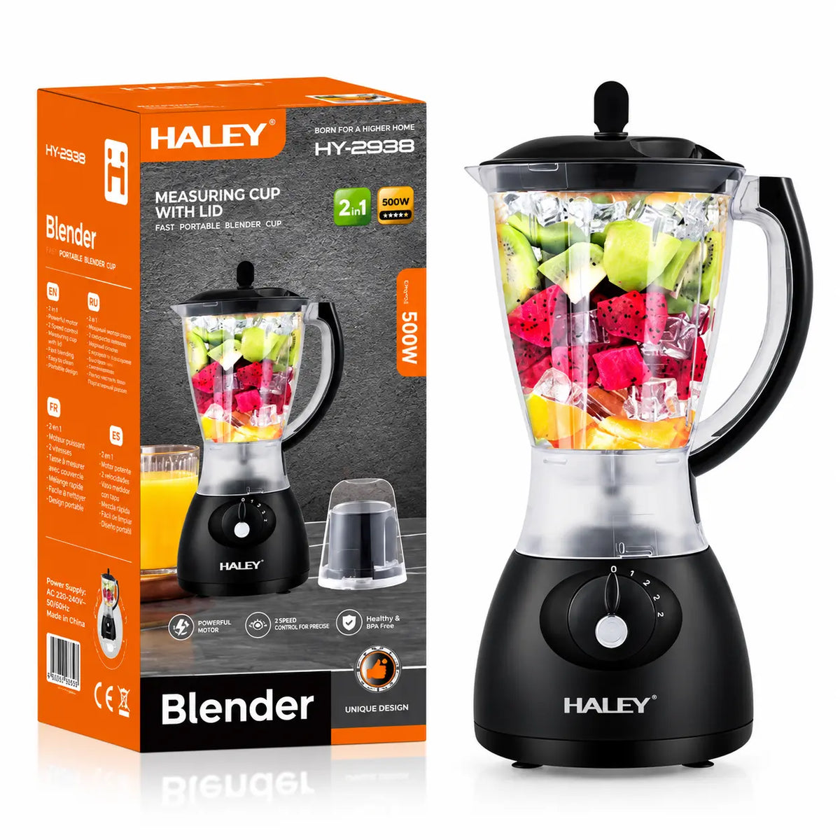 Blender Profesional HALEY 2 în 1, 500W, Motor din Cupru, 1.5L, 4 Viteze, Cu Recipient Separat pentru Măcinat