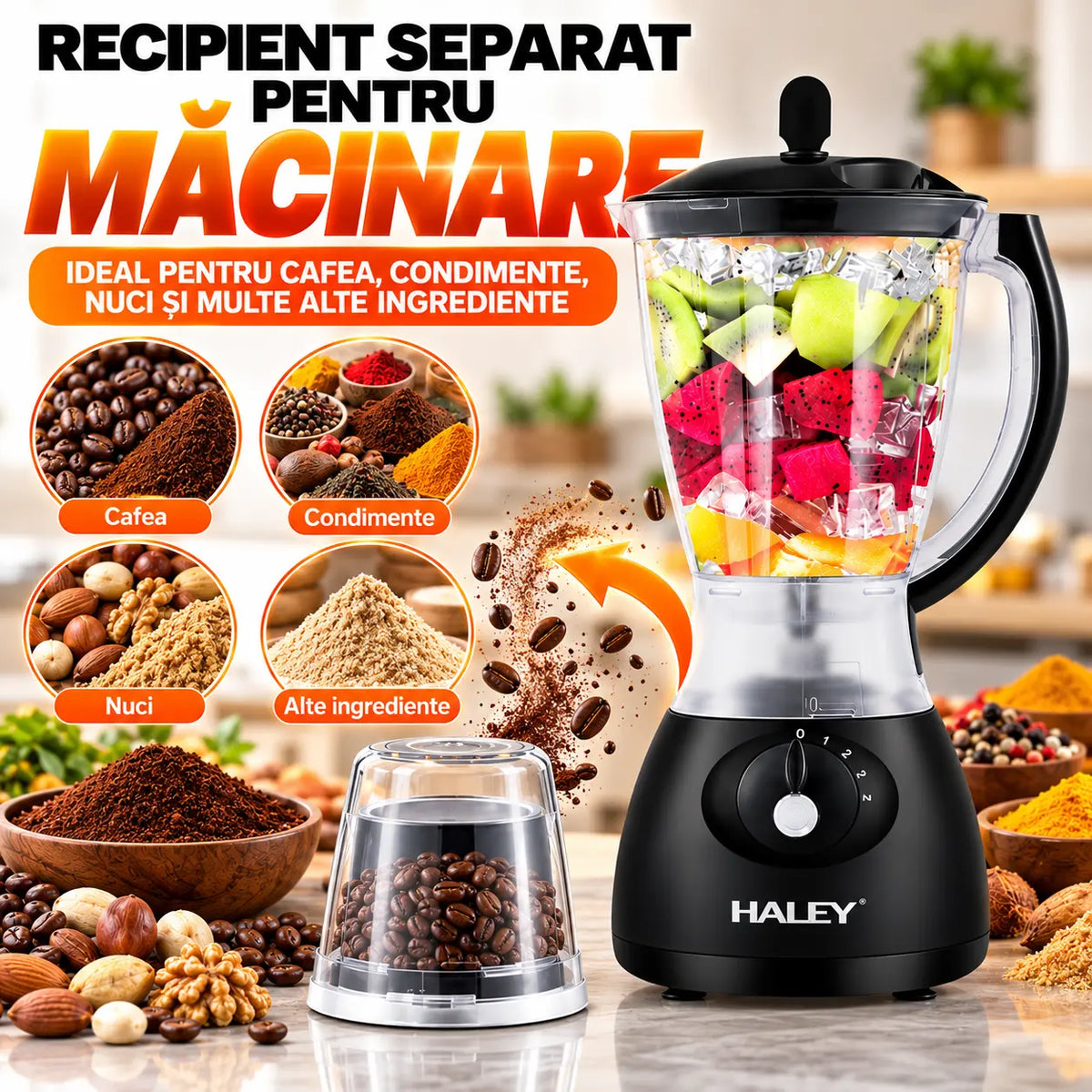 Blender Profesional HALEY 2 în 1, 500W, Motor din Cupru, 1.5L, 4 Viteze, Cu Recipient Separat pentru Măcinat