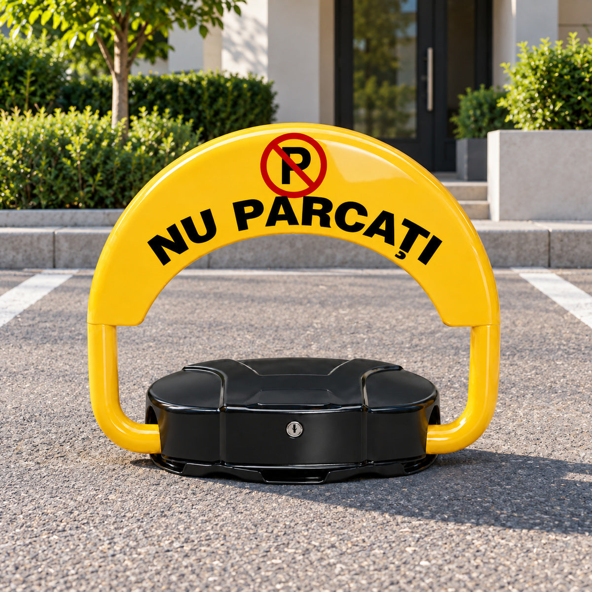 Blocator automat de parcare galben și negru montat pe un loc de parcare exterior