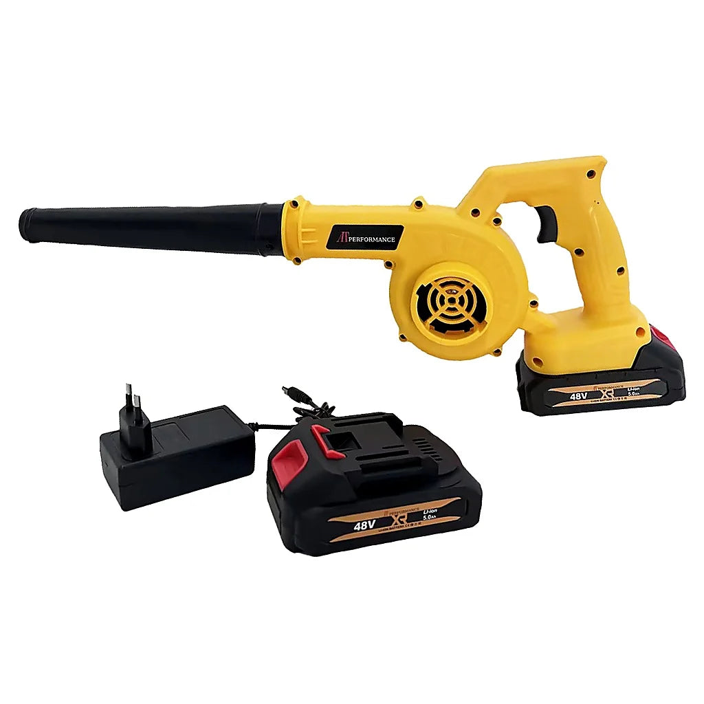 Suflantă și Aspirator fără fir 2 în 1 AT PERFORMANCE® AT-919, 48V, 880W, 18.000 RPM, cu 2 Acumulatori, pentru Frunze, Praf și Zăpadă Ușoară