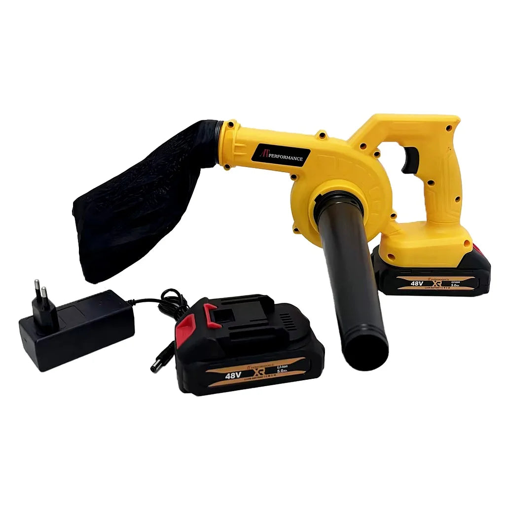 Suflantă și Aspirator fără fir 2 în 1 AT PERFORMANCE® AT-919, 48V, 880W, 18.000 RPM, cu 2 Acumulatori, pentru Frunze, Praf și Zăpadă Ușoară