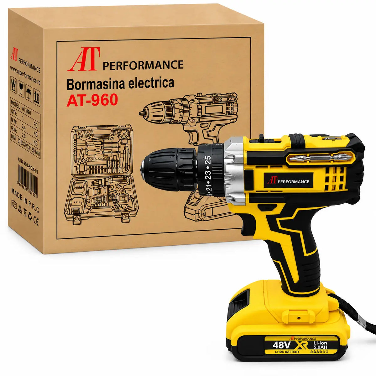 Trusă Bormașină cu Acumulator AT PERFORMANCE® 48V, 2 Baterii 5.0Ah, 2 Viteze, 42Nm, 30 Accesorii, Mandrină 13mm, Cutie Transport