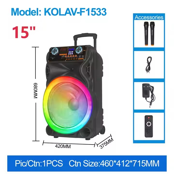 Boxă Portabilă AT PERFORMANCE® 10150W – Woofer 10", Bluetooth, Karaoke, Lumină RGB, 2 Microfoane Wireless, Acumulator, Trolley, Funcție WWS, USB, FM, AUX