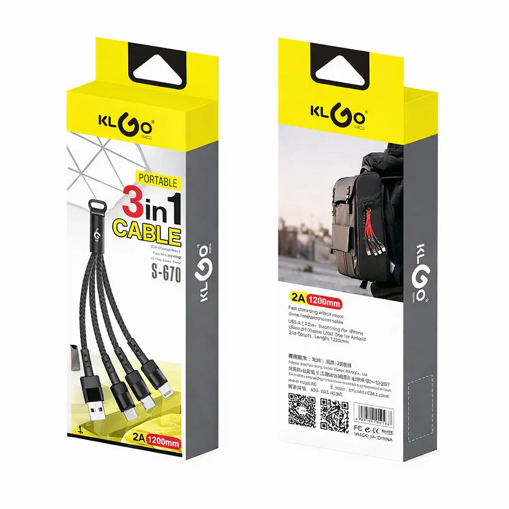 Cablu 3 în 1 KLGO S-670 USB – Type-C, Micro USB & Lightning, Încărcare Rapidă 2A