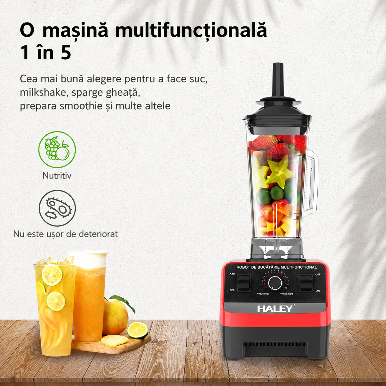 Blender Multifuncțional HALEY HY-2704, 4800W, 15 Viteze, Vas 2.5L, Funcție Pulse, Lame din Oțel Inoxidabil, Zdrobire Gheață