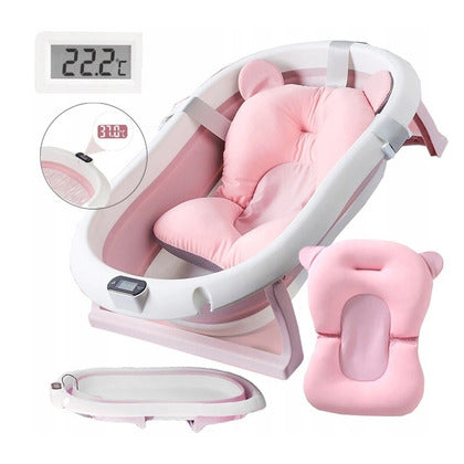 Cadita pliabila KIDOO , roz pentru nou nascuti cu pernita si termometru incorporat