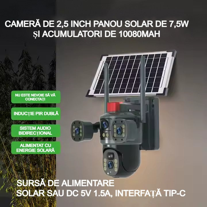 Cameră Supraveghere Solară cu 4 Camere AT PERFORMANCE® – 4K UltraHD, 4G SIM, Detecție Mișcare, Viziune Nocturnă 360° Această cameră de supraveghe + Cadou Card SD 32GB