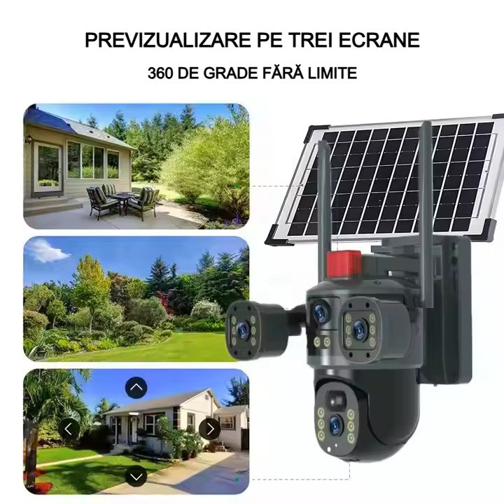 Cameră Supraveghere Solară cu 4 Camere AT PERFORMANCE® – 4K UltraHD, 4G SIM, Detecție Mișcare, Viziune Nocturnă 360° Această cameră de supraveghe + Cadou Card SD 32GB