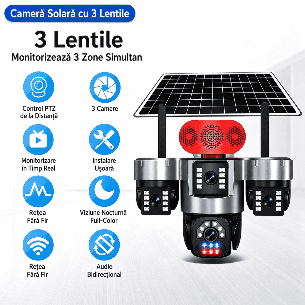 Cameră de Supraveghere Solară 4G cu 3 Obiective, 6K Ultra HD, AOV Înregistrare Continuă 24/24, IP66, Acumulator Integrat, Panou Solar, Card TF și Cloud, Alarmă cu Notificări