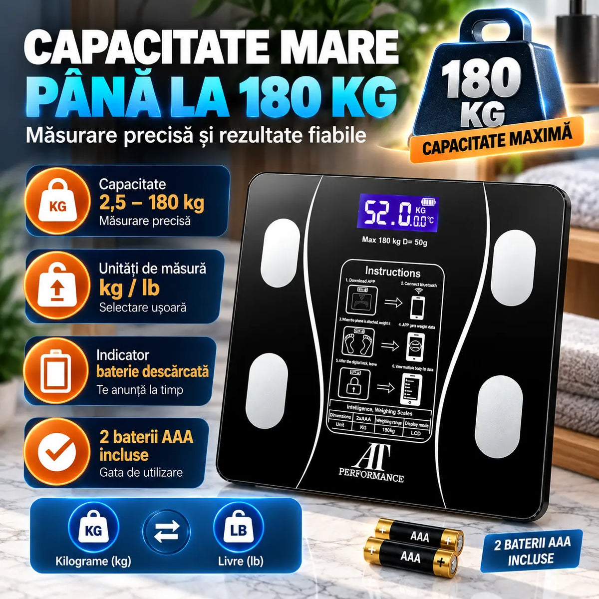 Cântar Personal Analitic AT PERFORMANCE® cu Aplicație Smart, Bluetooth, Afișaj Digital, Termometru, Max. 180 kg, Negru