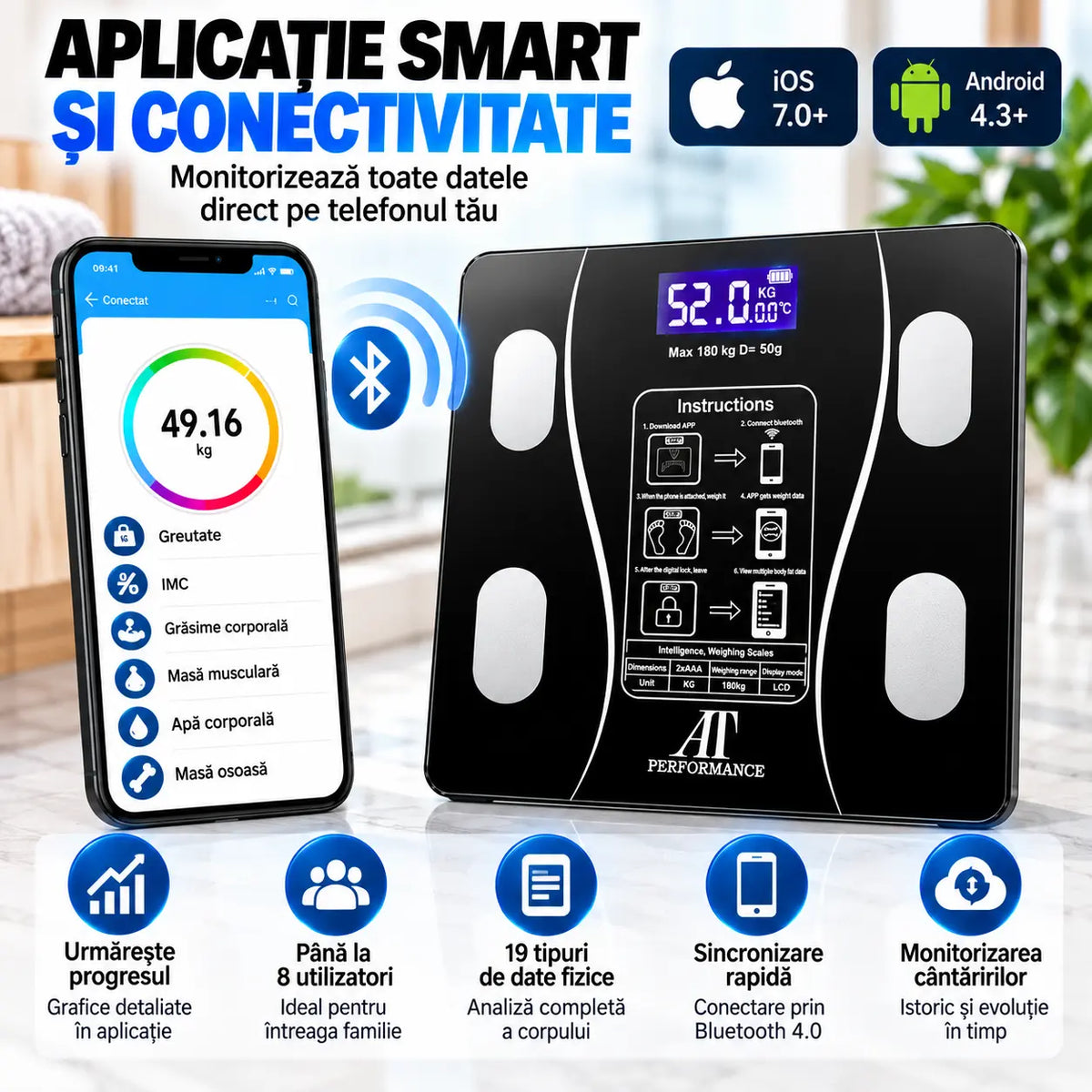 Cântar Personal Analitic AT PERFORMANCE® cu Aplicație Smart, Bluetooth, Afișaj Digital, Termometru, Max. 180 kg, Negru